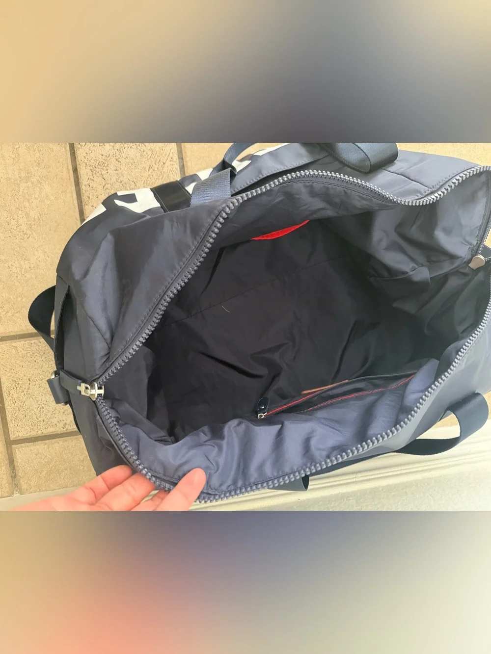 Tommy Hilfiger Navy Duffel with Red & White Logo Accents